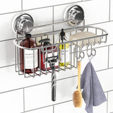 HASKO Suction Cup Shower Caddy Basket for Shampoo, Shower Suction Shelf Organizer, Basket with Soap Holder and Hooks, Stainless Steel Shampoo Holder for Bathroom Storage (Chrome) HASKO accessories
