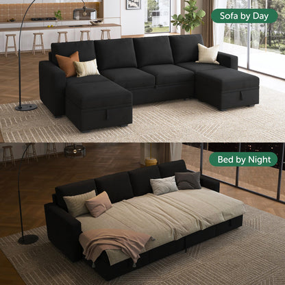 HONBAY Modular Sectional Sleeper Sofa Bed, Velvet Sectional Couch with Pullout Bed U Shaped Modular Couch with Storage Ottoman for Living Room, Black