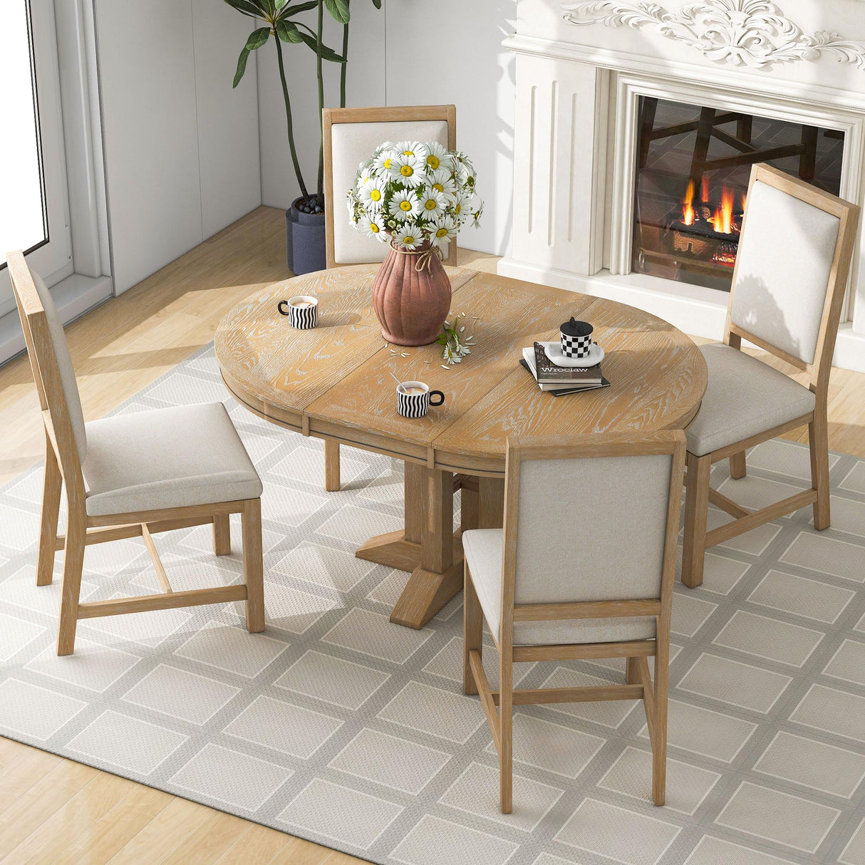 Quarte 5-Piece Farmhouse Round Dining Table Set with Extendable Round Table and 4 Upholstered Chairs, Compact Table Set for Small Kitchen Room (Natural Wood Wash/Adjustable) Quarte