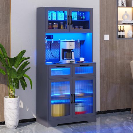 HNEBC 67" Kitchen Storage Cabinet with Power Outlet & USB Ports, LED Kitchen Pantry Cabinet with Motion Sensor Lights, Hutch Cabinet with 2 Drawer, Coffee Bar Cabinet for Living,Dining Room (Grey) HNEBC