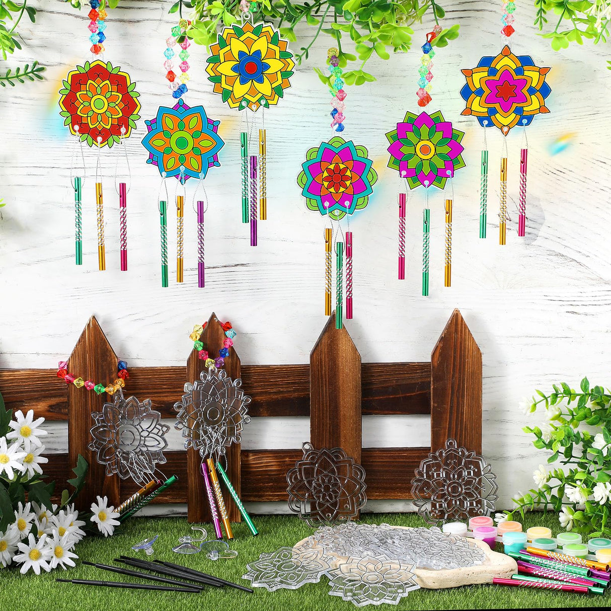 VioraWhite 24 Sets Mandala Suncatchers Wind Chimes Window Art Kits, DIY Summer Vbs Sun Catchers Wind Chimes Bulk Ornaments Painting Craft Kits for Boys Girls Home Party Activity Project Decor VioraWhite