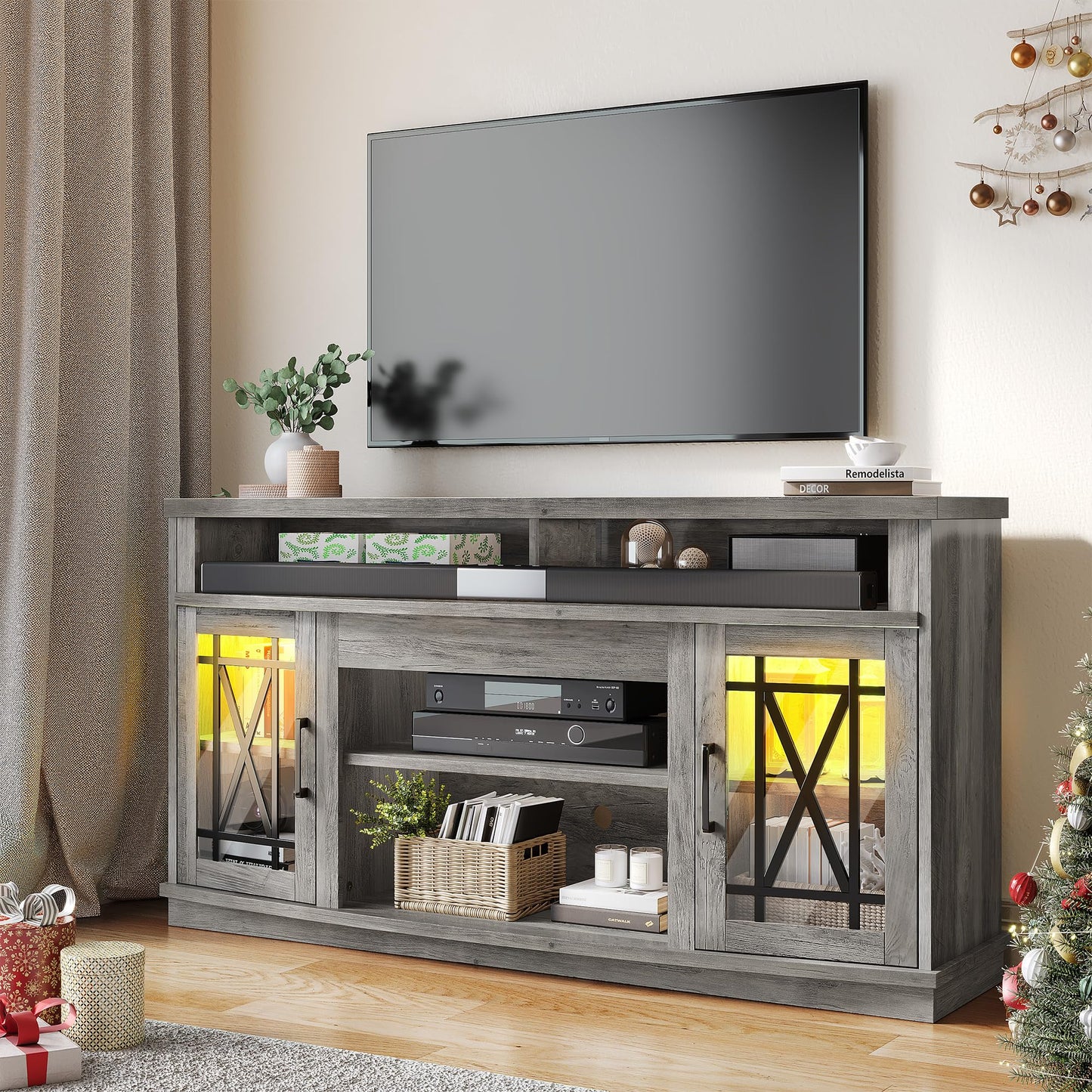 YITAHOME TV Stand Modern Entertainment Center for Living Room, 32'' Tall LED TV Media Console Table for 65 55 Inch, TV Cabinet with Adjustable Shelves and Glass Doors, Grey Wash, 59 Inch