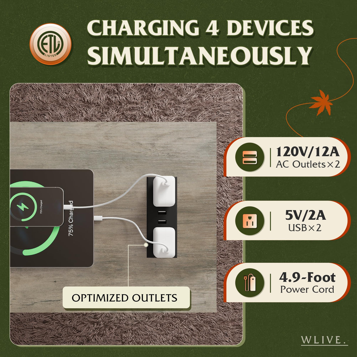 WLIVE Farmhouse End Table, Narrow Side Table with Charging Station, Slim End Table, Side Table for Bedroom, Living Room, Small Spaces, with 2 USB and 2 Power Outlets, 11.8" D x 23.6" W x 23.74" H WLIVE
