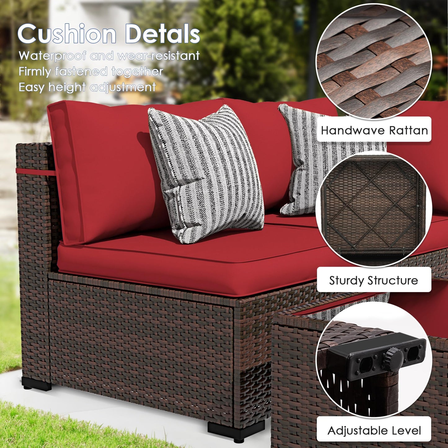 Amopatio 7 Pieces Patio Furniture Set, Outdoor Furniture Sectional Rattan Sofa Sets, Patio Couch with Glass Coffee Table for Backyard Garden (Burgundy)