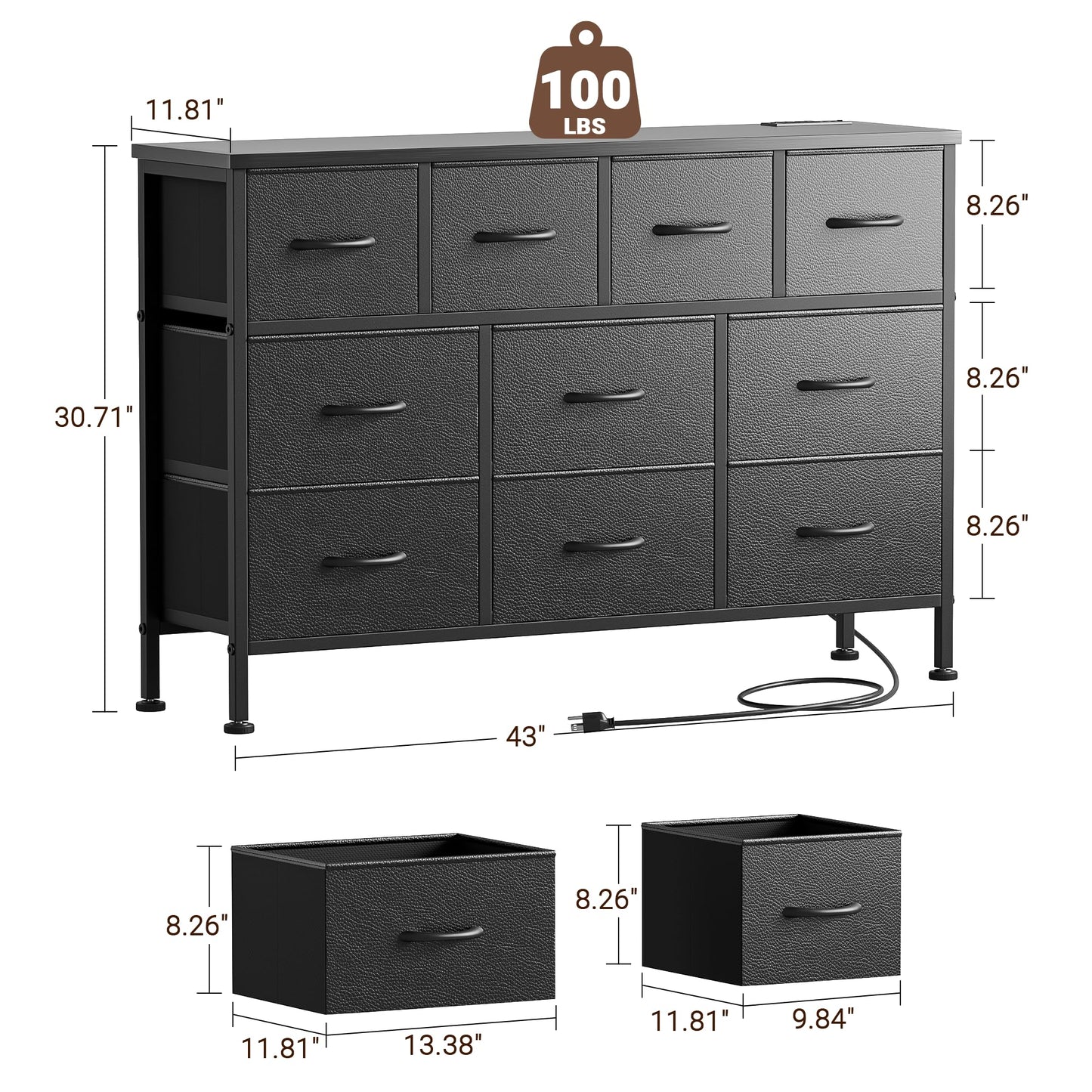 Lulive 10 Drawer Black Dresser for Bedroom, Dresser TV Stand with Power Outlet, Entertainment Center Chest of Drawers for 55'' Long TV, Wide Fabric Dresser for Storage and Organization (Black)