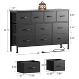 Lulive 10 Drawer Black Dresser for Bedroom, Dresser TV Stand with Power Outlet, Entertainment Center Chest of Drawers for 55'' Long TV, Wide Fabric Dresser for Storage and Organization (Black) Lulive