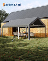 GarveeLife 13x20 Ft Carport with 8 Sandbags, Car Port with 220g PE Tarp, 2 Roll-Up Doors, and 4 Windows, for Full-Size Pickups, Bass Boats, Tractors, and SUVs, Gray GarveeLife