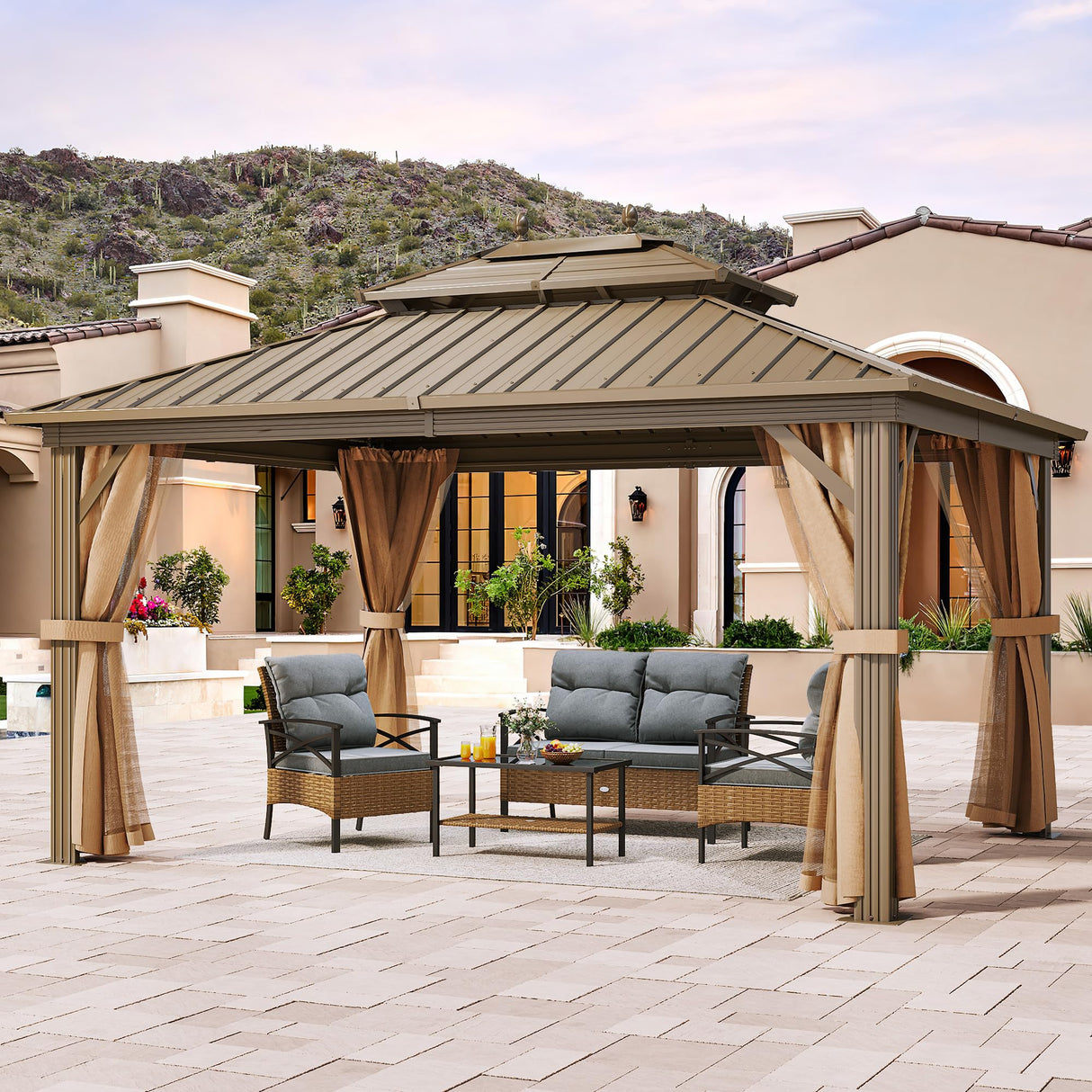 YITAHOME 10x12ft Hardtop Gazebo with Nettings and Curtains, Heavy Duty Double Roof Galvanized Steel Outdoor Combined of Horizontal Vertical Stripes Roof for Patio, Backyard, Deck, Lawn (Bronze) YITAHOME