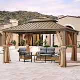 YITAHOME 10x12ft Hardtop Gazebo with Nettings and Curtains, Heavy Duty Double Roof Galvanized Steel Outdoor Combined of Horizontal Vertical Stripes Roof for Patio, Backyard, Deck, Lawn (Bronze) YITAHOME