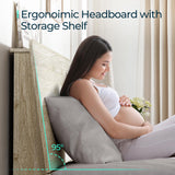 LINSY Beige Full Size Wood Platform Bed Frame with Ergonomic Headboard and Storage Shelf LINSY