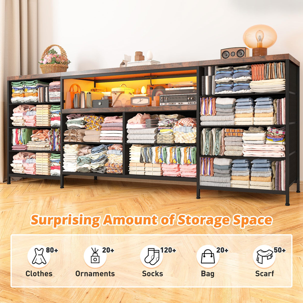 EnHomee 12 Drawer Dresser TV Stand for 65 70 75 Inch TV 63" W Extra Long Dresser for Bedroom with LED Lights & Power Outlets Entertainment Center with Fabric Drawers for Closet Rustic Brown EnHomee