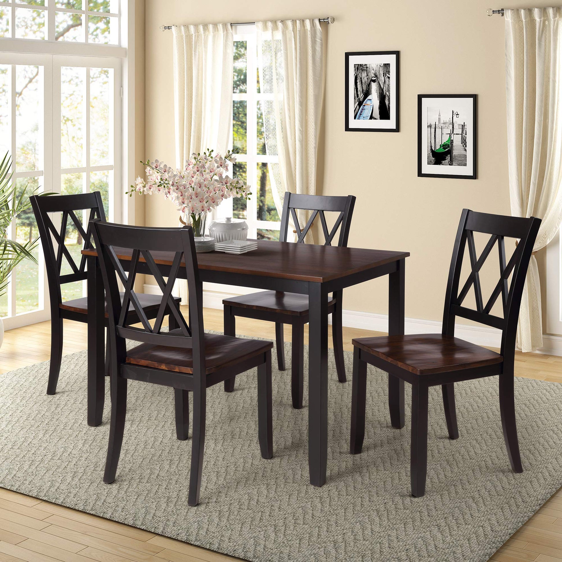 Luxo Abode Farmhouse Style 5 Piece Dining Comfortable Table Set with 4 Chairs, Long-Lasting Solid Wood Home Kitchen Set, Easy Assembly and Clean, for Dining Room, Kitchen, Black - WoodArtSupply