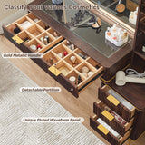 T4TREAM Fluted Makeup Vanity Desk with 36" HD Lighted Mirror, 48" Big Modern Vanity Desk with Mirror and Lights, Dressing Table with 5 Drawers & Shelves, Glass Top for Bedroom (Dark Walnut) T4TREAM