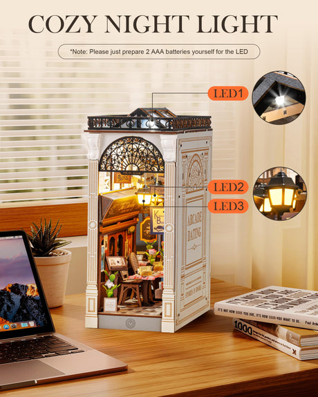 Rolife DIY Book Nook Kits for Adults, Miniature Dollhouse Booknook Kit, 3D Wooden Puzzle Creative Decorative Bookends Bookshelf Diorama Insert Crafts Hobbies Gifts (Arcade Dating) Rolife