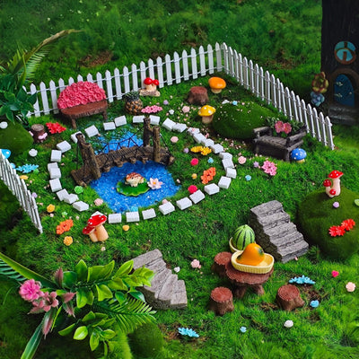 Kai Dream Fairy Garden Kit, 118Pcs Miniature Resin Figurines, Fake Fence, Flower Decor for Outdoor Fairy Garden
