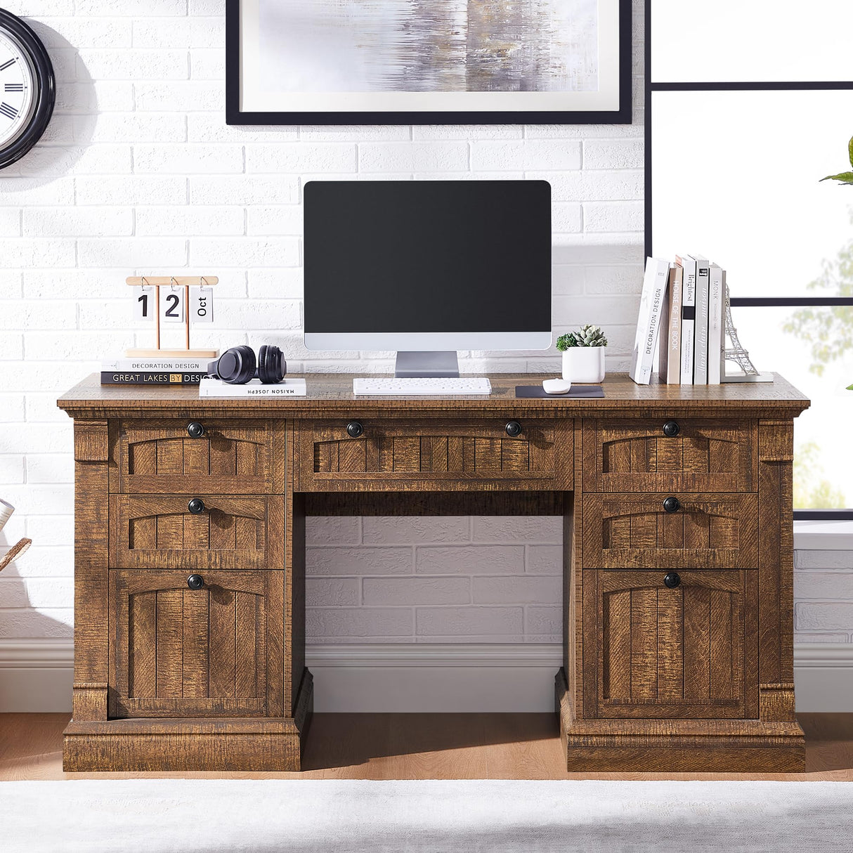 OKD 60" Executive Desk with Drawers, Farmhouse Home Office Desk with Charging Station, Keyboard Tray, File Cabinet Storage, Wood Computer Desk for Work and Study, Reclaimed Barnwood OKD