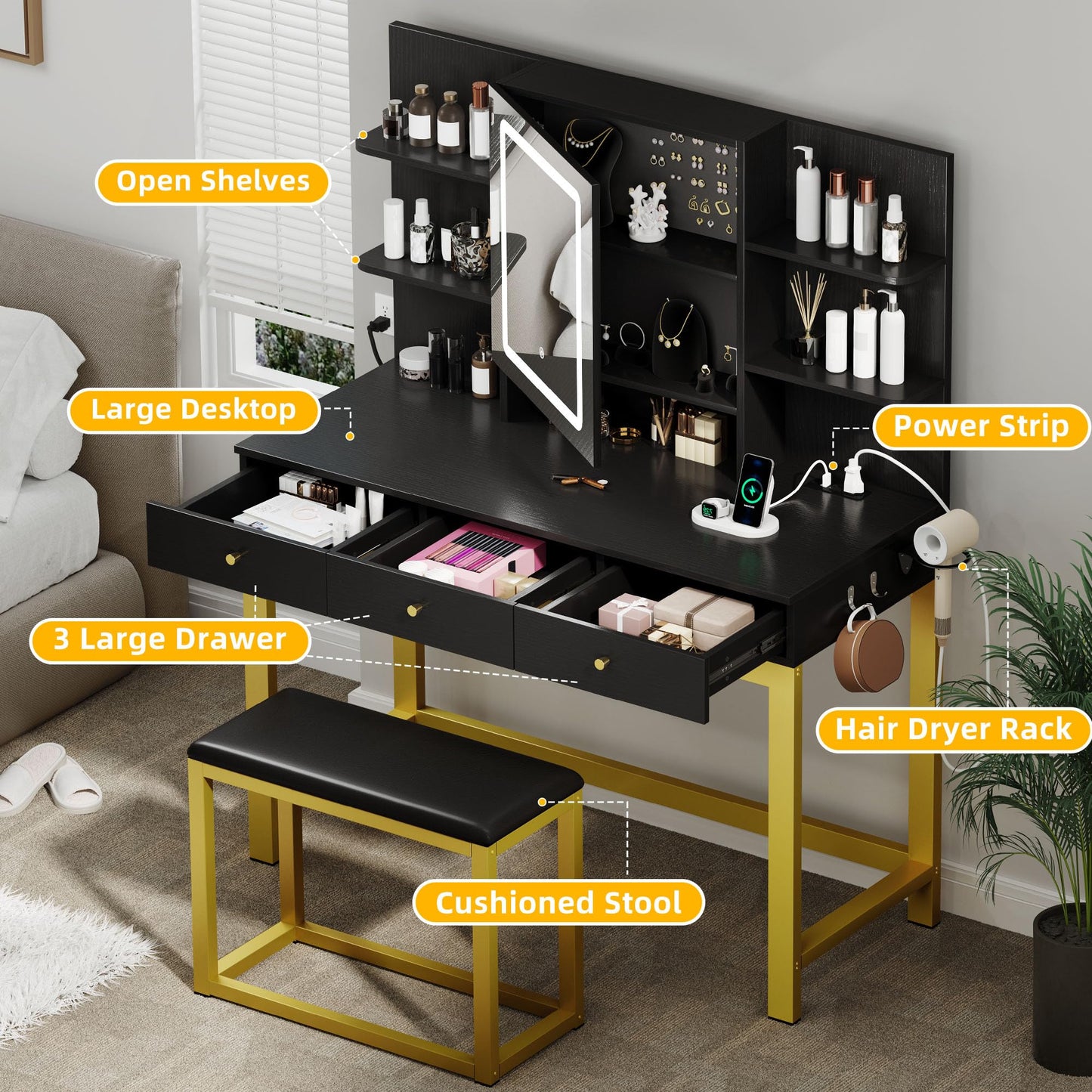 YITAHOME Makeup Vanity Desk Set with Mirror and Lights & Charging Station & Makeup Stool, 3 Drawers Vanity Table with 3 Hidden Storage Shelves for Bedroom (Black & Gold) 39.5" W, Upgraded