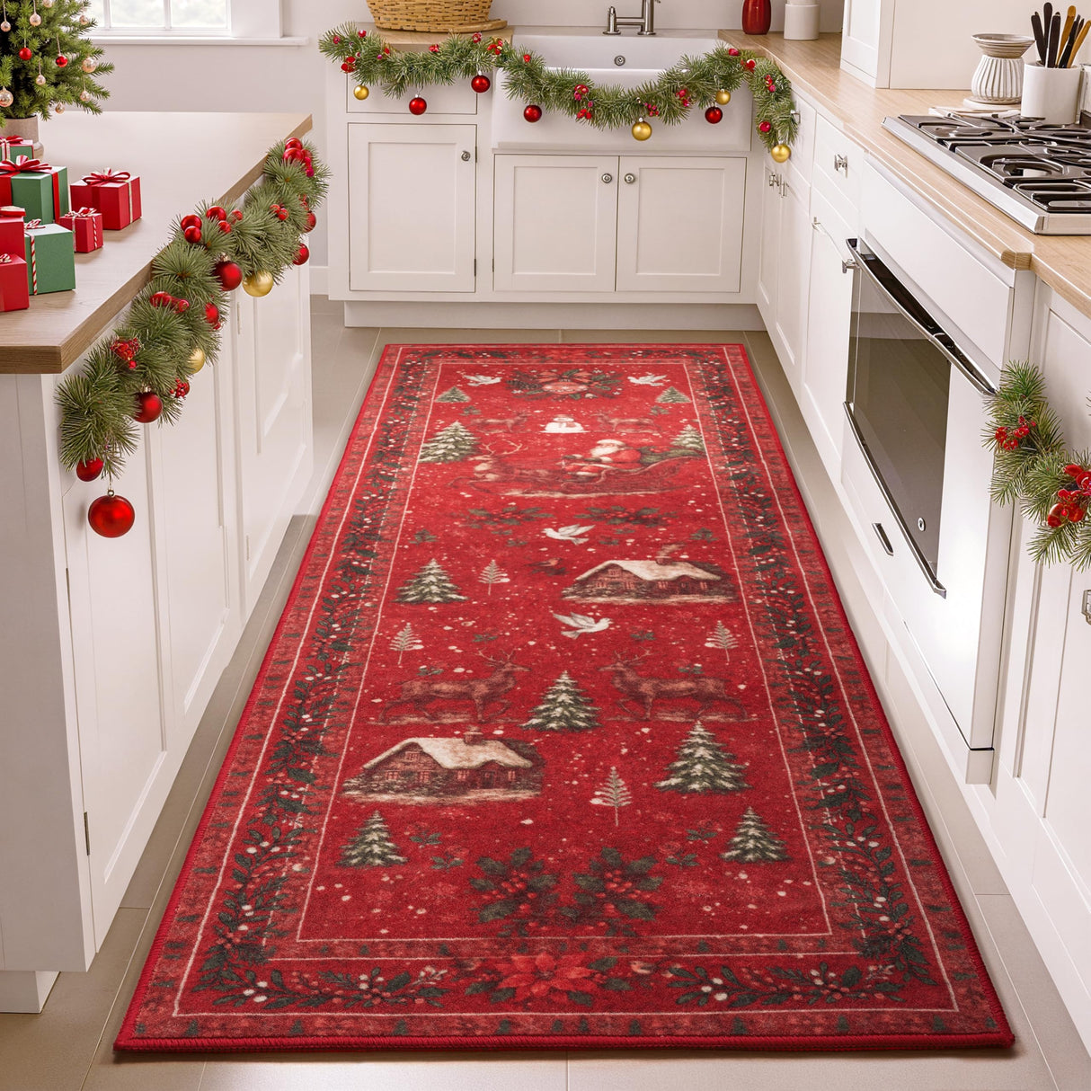 Joiedomi Christmas Hallway Runner Rug Washable 2'x8' Non Slip Kitchen Rug with Rubber Backing Soft Christmas Tree Santa Claus Floor Carpet Runners for Entryway Laundry Bedroom Bathroom Indoor (Red) Joiedomi
