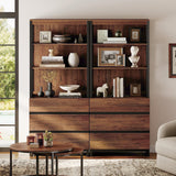 WAMPAT 2 PCS Modern 72" Tall Bookcase with 6 Drawers and Open Book Shelfs, Library Book Shelf with Storage Cabinet and Metal Base, Wood Freestanding Bookshelves for Home Office, Living Room, Brown WAMPAT