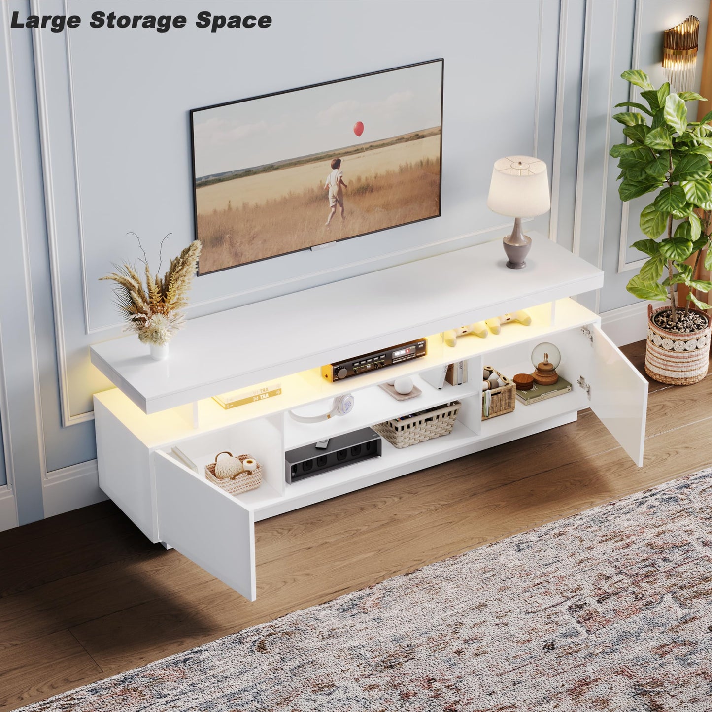 ChooChoo Modern LED TV Stand for 50/55/60/65 Inch TV, High Glossy Entertainment Center with 2 Storage Cabinets, Media Console with 5 Open Shelves for Living Room, Bedroom, White - WoodArtSupply