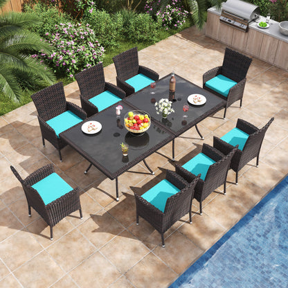 ALAULM 10 Piece Patio Dining Set All-Weather Wicker Outdoor Patio Furniture Set w/Tempered Glass Tabletop, Removable Cushions and Umbrella Hole for Patio, Backyard, Garden, Poolside (Blue) - WoodArtSupply