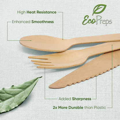 EcoPreps 100% Compostable Wooden Cutlery Set (360 PCS - 150 Forks, 125 Spoons, 85 Knives) Eco-Friendly, Natural, Biodegradable Disposable Utensils Set | Birch Wood Disposable Forks, Knives, and Spoons