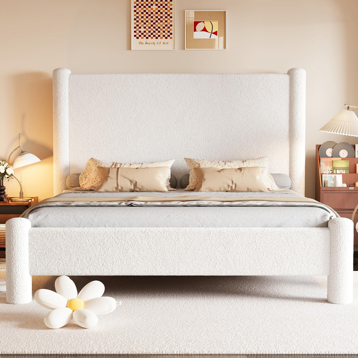 Jocisland King Size Bed Frame, Boucle Upholstered Bed Frame with Charging Station, Platform Bed with Soft Rounded Corners, Easy Assembly, No Box Spring Required, White Jocisland