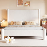 Jocisland King Size Bed Frame, Boucle Upholstered Bed Frame with Charging Station, Platform Bed with Soft Rounded Corners, Easy Assembly, No Box Spring Required, White Jocisland