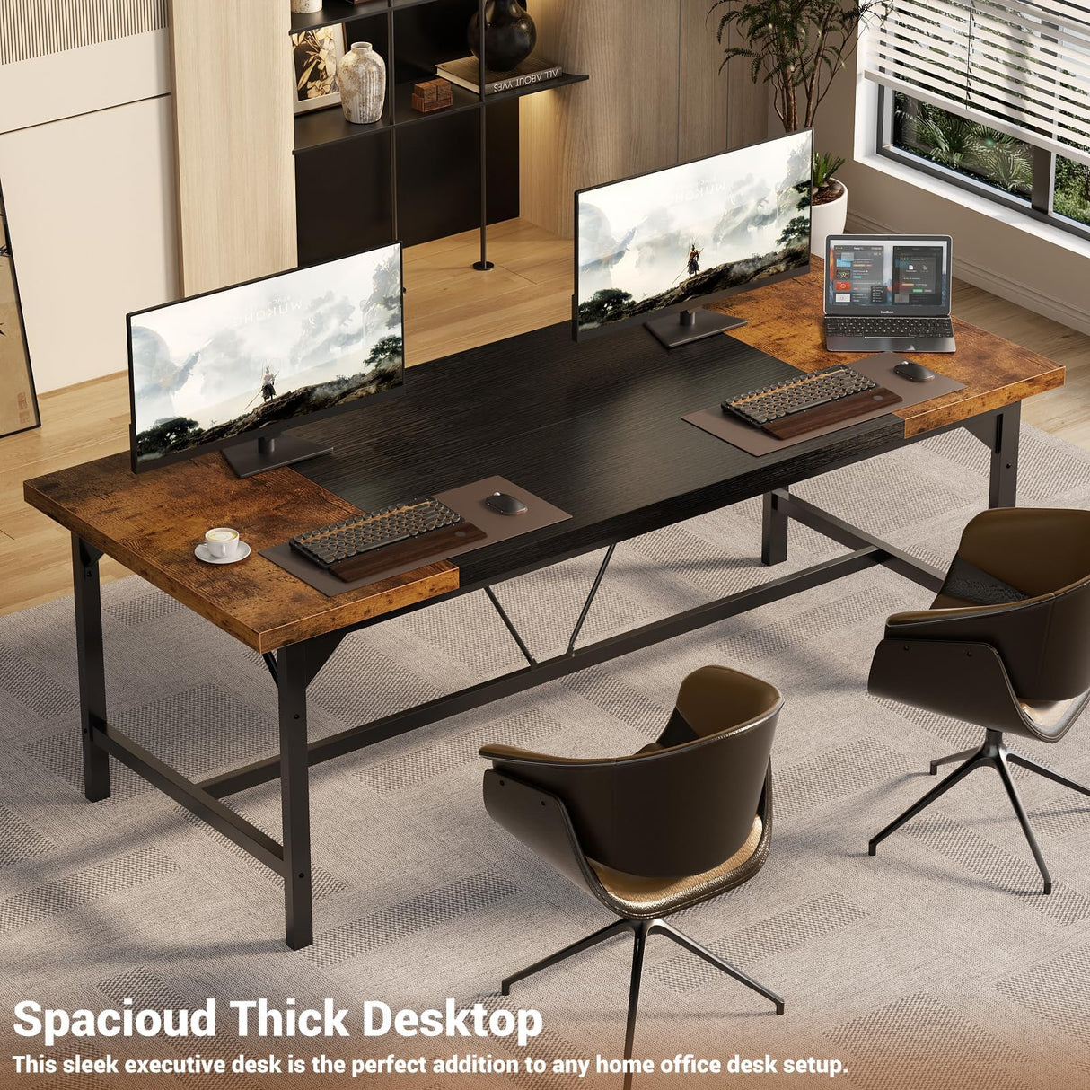 Unikito Large Computer Desk, 63 x 31.5 Inch Long Office Desks, Premium Sturdy 2 Person Desk, 1.4” Thick Study Writing Table, Modern Laptop Computer Table for Home Office Workstation, Rustic Brown Unikito