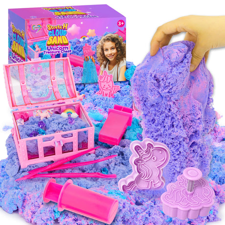Carolart Unicorn Stretchy Cloud Sand,Blue & Pink Play Sand,Treasure Chest with Sensory Sand,Stretchable,Moldable,Expandable Cloud Slime,Tactile Fun Sensory Kit, Sensory Toys for Kids Ages 3+ Carolart