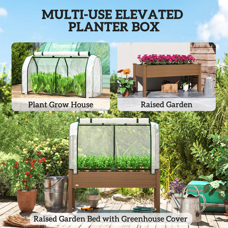 Outsunny Raised Garden Bed with PE Greenhouse Cover Outdoor Elevated Wood Planter Box for Herbs and Vegetables, Use for Patio, Backyard, Balcony, 48 x 22 x 46 inch, Brown Outsunny