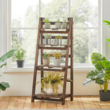 Yaheetech Wooden Foldable Ladder Shelf 4-Tier Magazine Holder Book Rack Plant Stand Folding Flower Display Pot Decorative Storage Free Standing Indoors/Outdoors Rustic No Assembly Required Brown Yaheetech