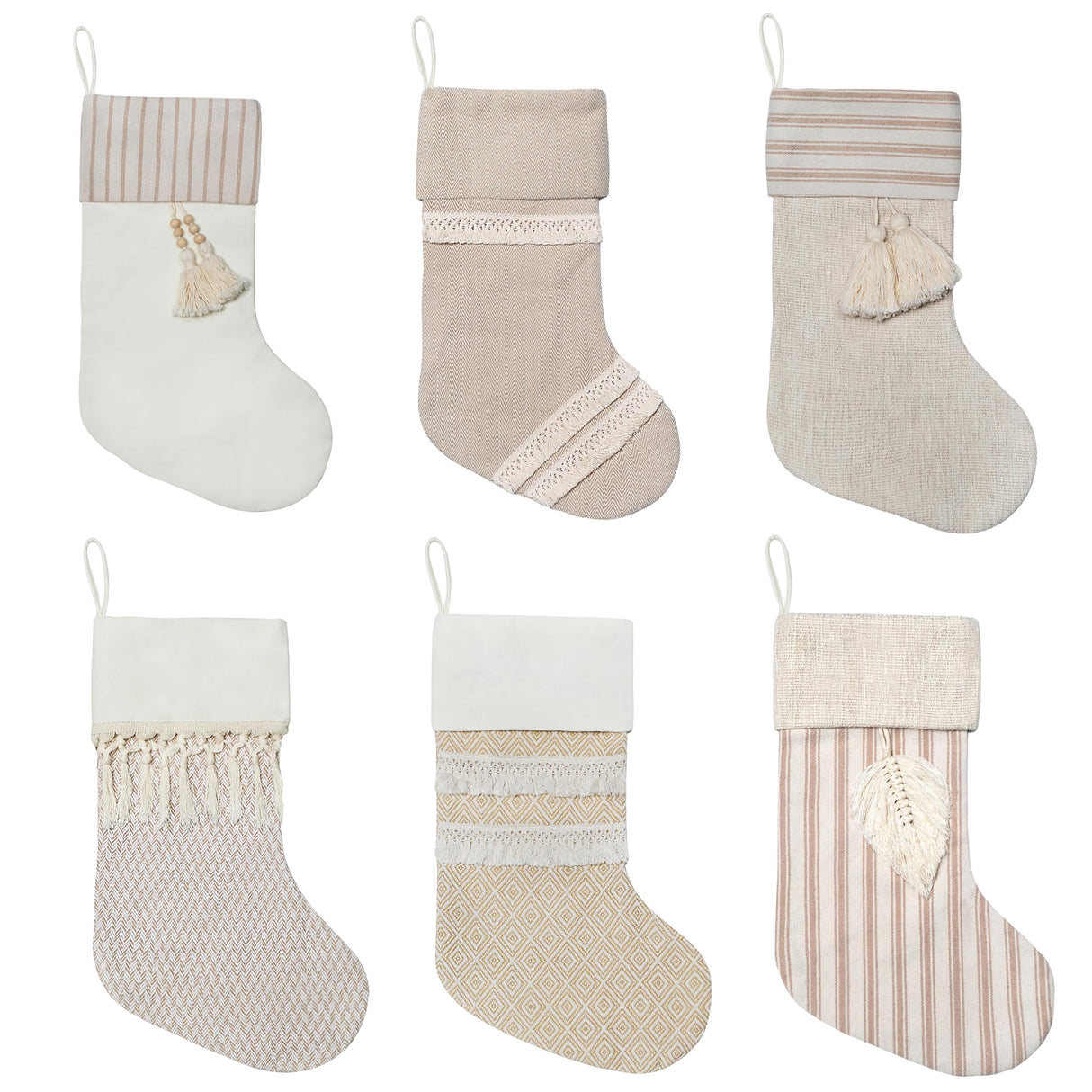 GEX Christmas Stockings 6 Pack for Family 20" Large Rustic Farmhouse Country Xmas Stockings with Tassels Hanging Ornament Decorations for Fireplace Xmas Season (Beige, Set of 6) GEX