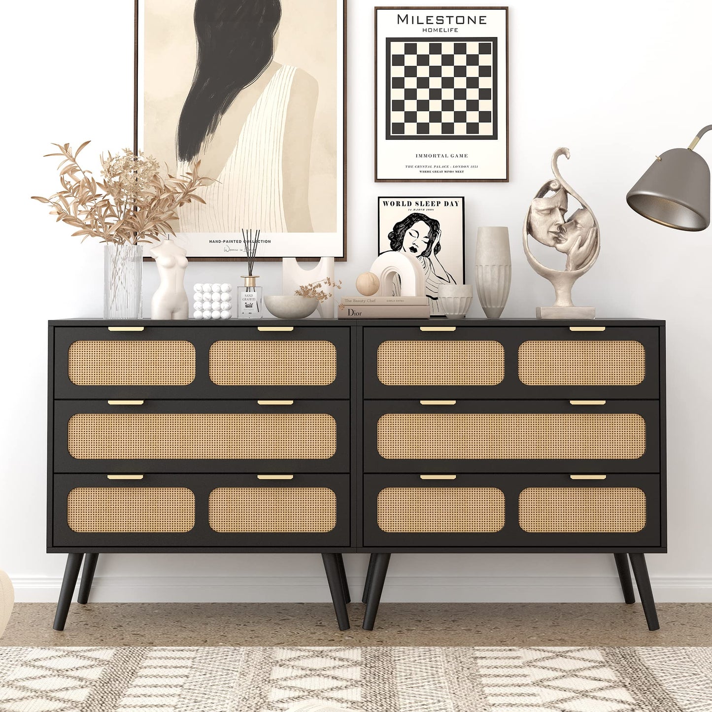 QEIUZON 3 Drawer Dresser, Modern Rattan Dresser Chest with Wide Drawers and Metal Handles, Farmhouse Wood Storage Chest of Drawers for Bedroom, Living Room, Hallway, Entryway (Black) - WoodArtSupply