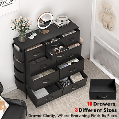 Lulive Dresser for Bedroom with 10 Drawers, Chest of Drawers with Side Pockets and Hooks, PU Storage Dresser, Organizer Unit for Living Room, Hallway, Closet (Black) - WoodArtSupply