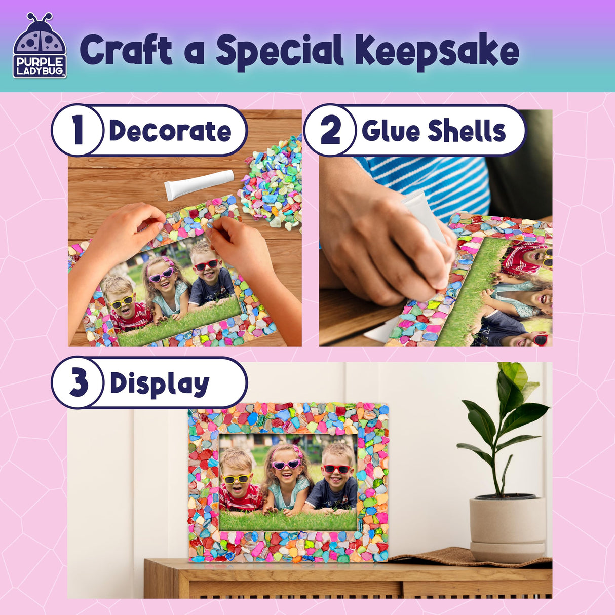 PURPLE LADYBUG DIY Mosaic Photo Frame Craft Kit - Summer Activities for Kids & Teens, Arts & Crafts for Girls 8-12, Birthday Gift for Girls, Fun Craft for Kids Ages 6-12 PURPLE LADYBUG