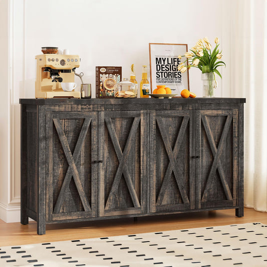 DWVO 55'' Sideboard Buffet Cabinet with Storage, Farmhouse Kitchen Storage Cabinet with 4 Doors, Large Wood Coffee Bar Cabinet with Adjustable Shelfs for Kitchen, Living Room, Dark Oak