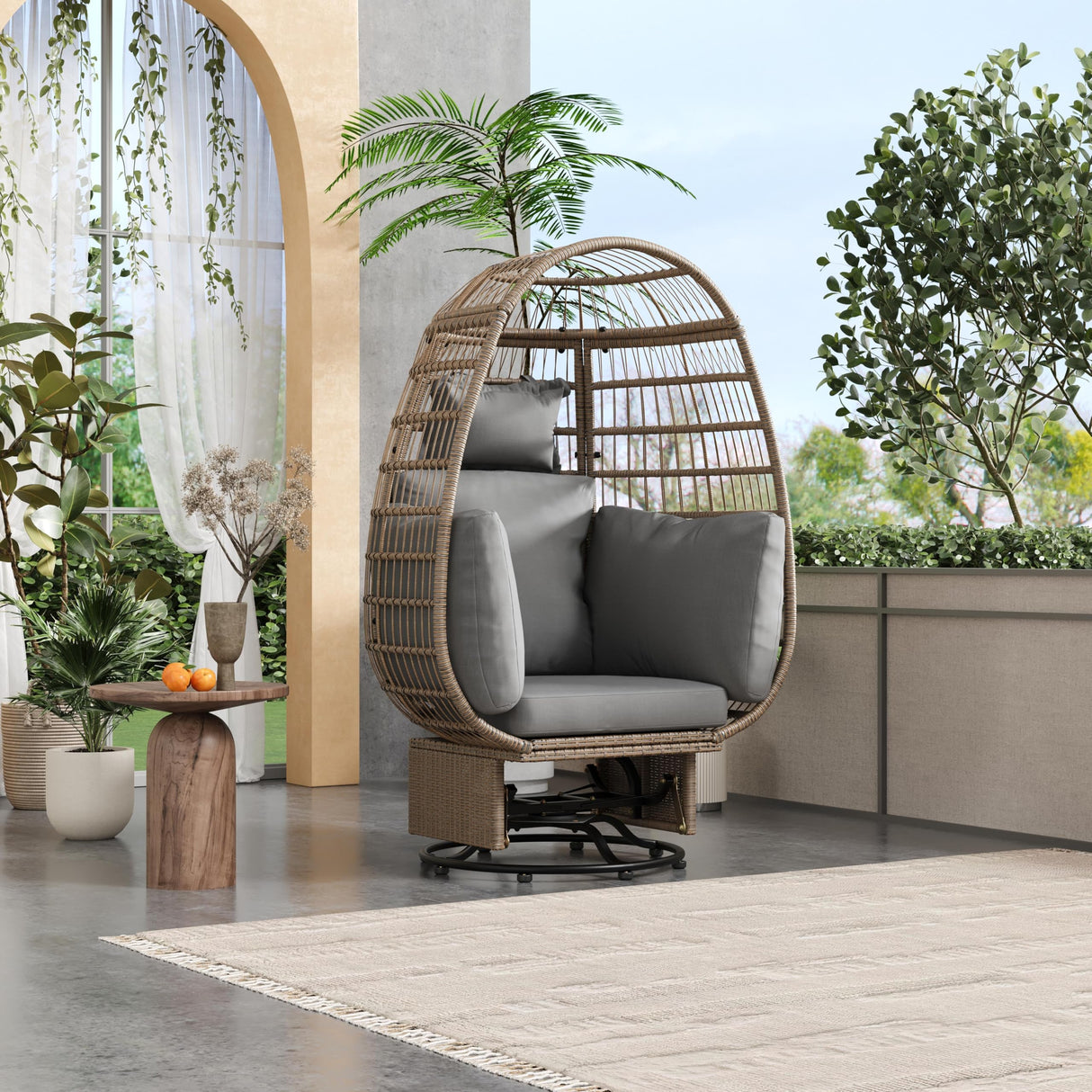 Outdoor Swivel Chair with Cushions, Large Wicker Egg Chair with Stand, 360° Rotation Patio Chairs with Metal Frame, Rattan Egg Chairs with Rocking Function for Balcony, Poolside, Natural Wicker FAROUCHE