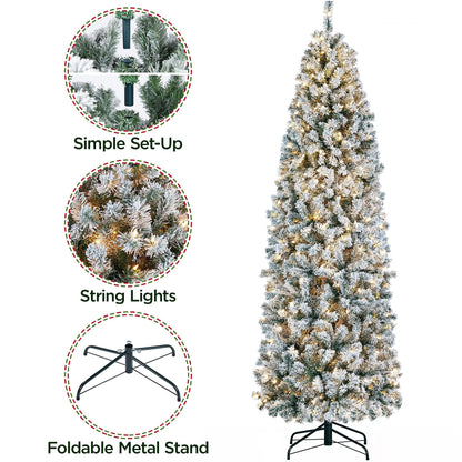 Yaheetech 7.5ft Pre-lit Snow Flocked Pencil Christmas Tree Kingswood Fir Hinged Slim Skinny Corner Xmas Tree with 350 Incandescent Warm White Lights & 1086 Snow Branch Tips, White