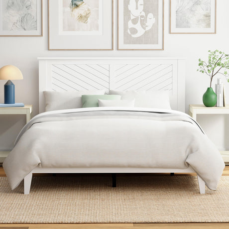 Serene Farmhouse Style Wood Bed Frame in Queen Size with Chevron Scoring Headboard, Coastal Modern Design, Sturdy, Easy Assembly, Ample Underbed Storage, White Finish ComfIQ