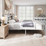 YITAHOME Farmhouse Queen Size Bed Frame with Headboard, Bookcase Storage Shelves, Sliding Grid Barn Door, Charging Station, Rustic Wood Platform Bed, No Box Spring Needed, White YITAHOME