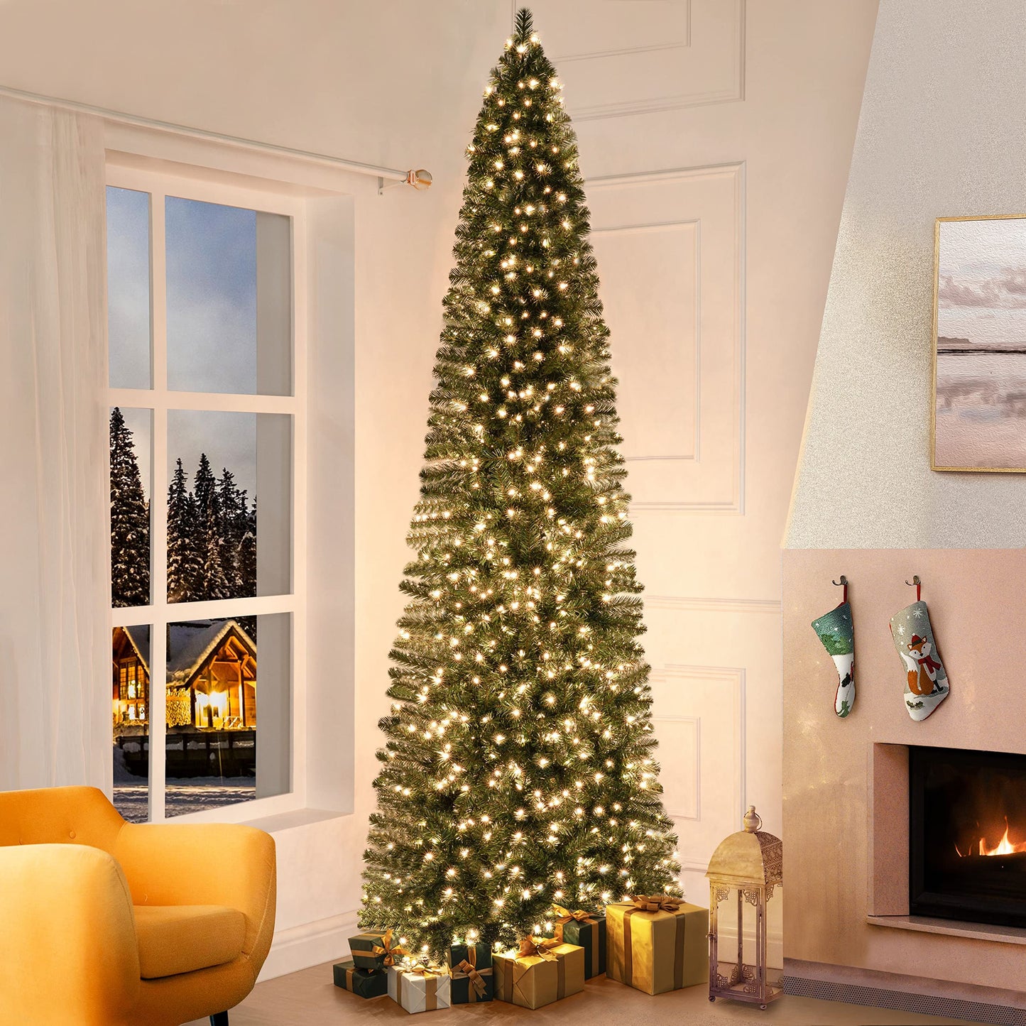 Vienna 9ft Prelit Slim Artificial Christmas Tree with 1455 Branch Tips, 500 Warm Lights and Metal Stand, 37" Wide Realistic Skinny Pencil Christmas Tree with Lights by Naomi Home