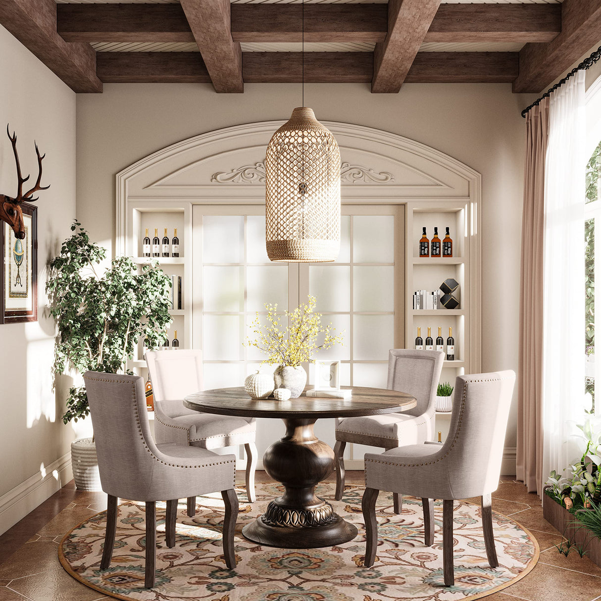 Aoowow Fabric Vintage Upholstered Side Chairs Set of 6, Farmhouse Solid Wood Kitchen Dining Room Chairs with Nailheads Legs (Fabric Beige) Aoowow