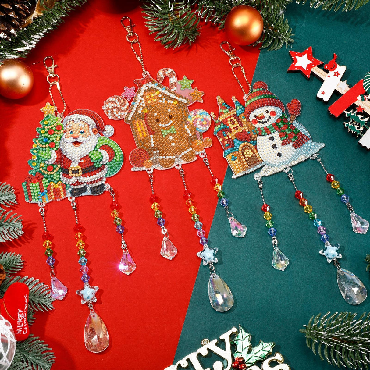 Jetec 3 Pcs Christmas Diamond Art Kits Painting Suncatcher Wind Chime Double Sided Crystal Hanging Ornaments for DIY Crafts Window Home Garden Decor(Snowman, Gingerbread Man, Santa) Jetec