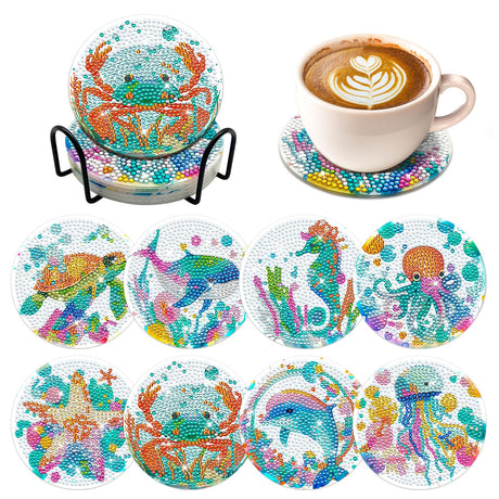 ZTOTZ 8pcs Ocean Series Diamond Art Coasters Kit, Sea Animals Diamond Painting Coasters with Cork Pad, DIY Coaster Gem Art Kits for Adults Craft for Gift Festival (Turtles, Octopuses,Dolphins) ZTOTZ
