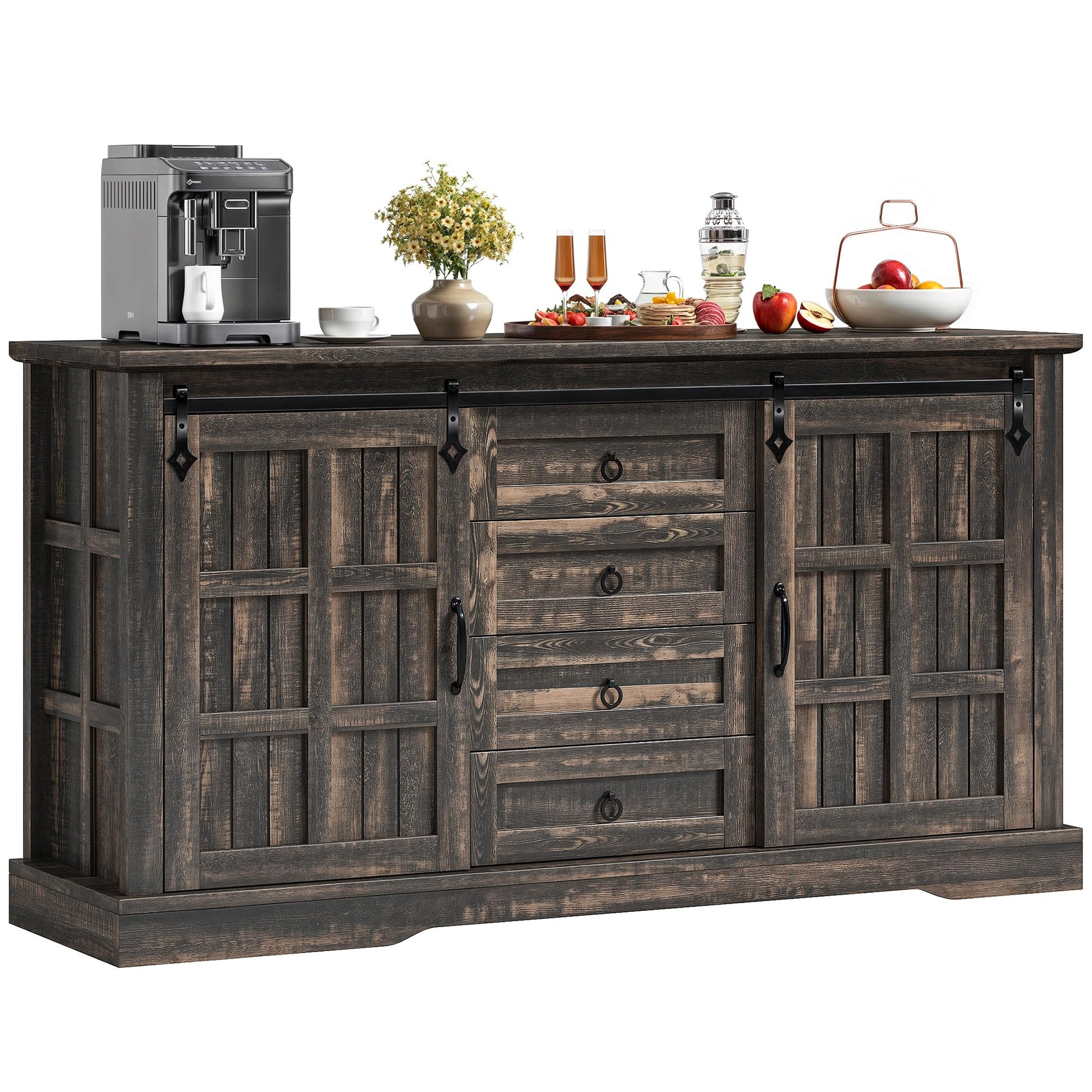 DWVO Farmhouse Sideboard Buffet Cabinet with Storage, Large Kitchen Cabinet w/Sliding Barn Doors and 4 Drawers, for Dining Room, Dark Rustic Oak - WoodArtSupply