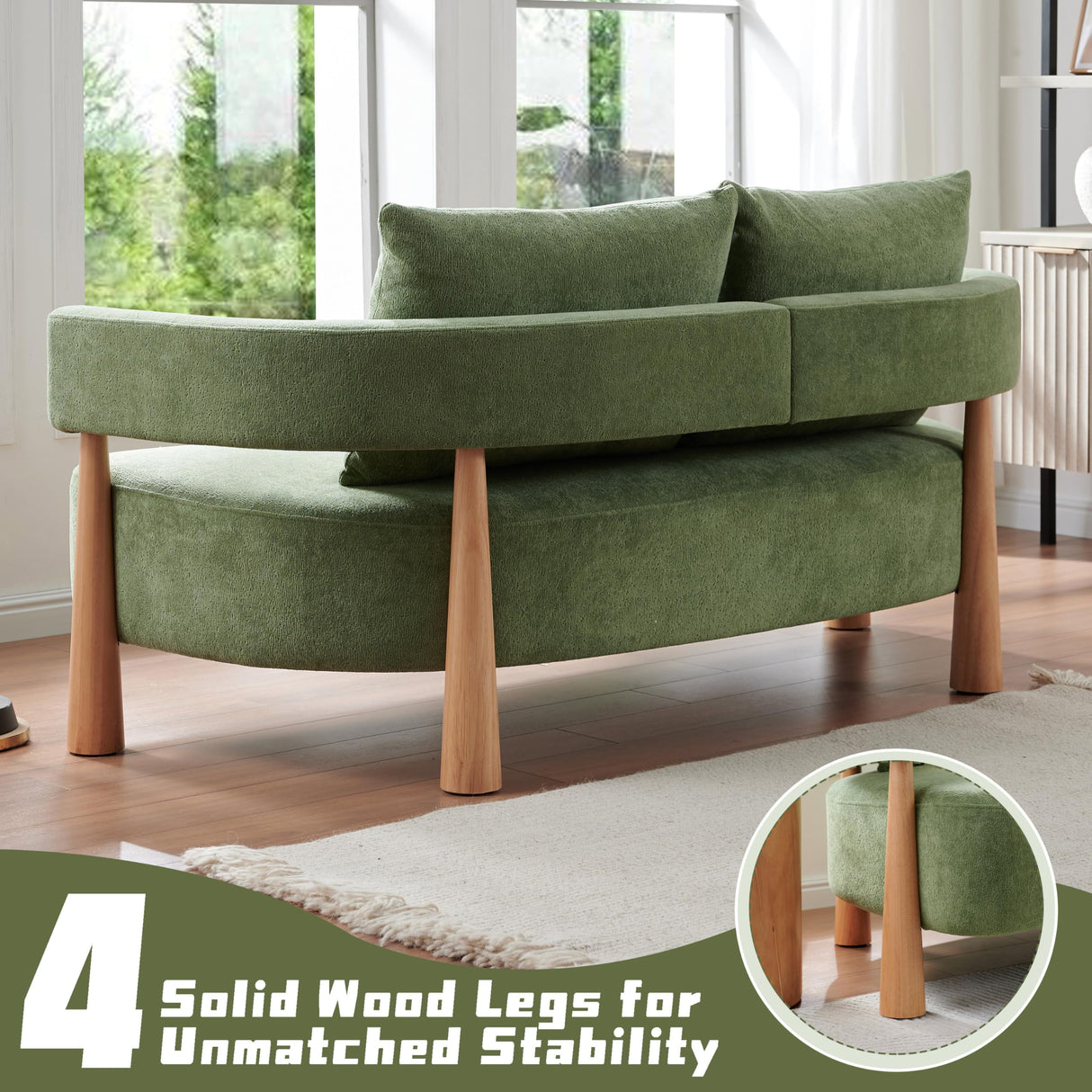 QNZK 67" L Loveseat Sofa, Mid Century Modern Sofa Couch with 2 Pillows, Comfy Chenille Couches, Upholstered Small Sofa for Living Room, Bedroom, Apartment & Office, Easy Assembly, Green QNZK