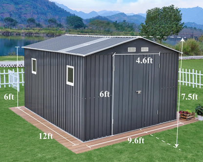 VanAcc 10x12x7.5 FT Outdoor Storage Shed, Metal shed with 2 Clear Panels Hinged Double Doors 4 Vents, Outdoor Shed for Backyard, Garden, Patio, Dark Grey/White - WoodArtSupply