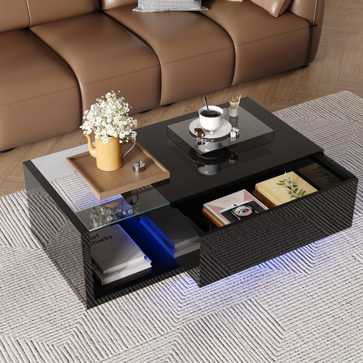 holzart Modern High Gloss Coffee Table with LED Lights & Storage, Black 2-Tier Rectangular Table with Tempered Glass Top and Drawer, Center Table for Living Room, Gaming & Movie Night holzart