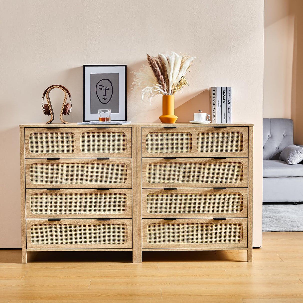 QEIUZON 4 Drawer Dresser, Modern Rattan Dresser Chest with Wide Drawers and Metal Handles, Farmhouse Wood Storage Chest of Drawers for Bedroom, Living Room, Hallway, Entryway (Natural-2 Packs) QEIUZON